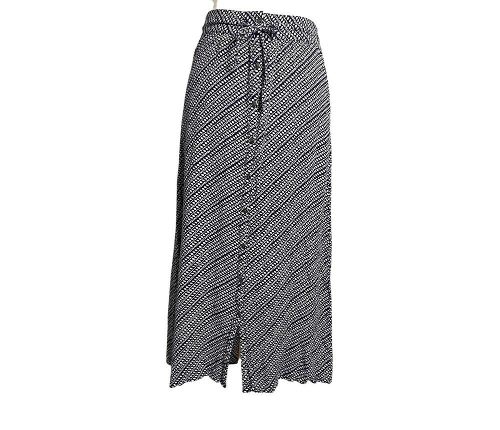 LOFT Button Front Maxi Skirt Womens 00P Blue Geometric Tie Waist Boho Petite